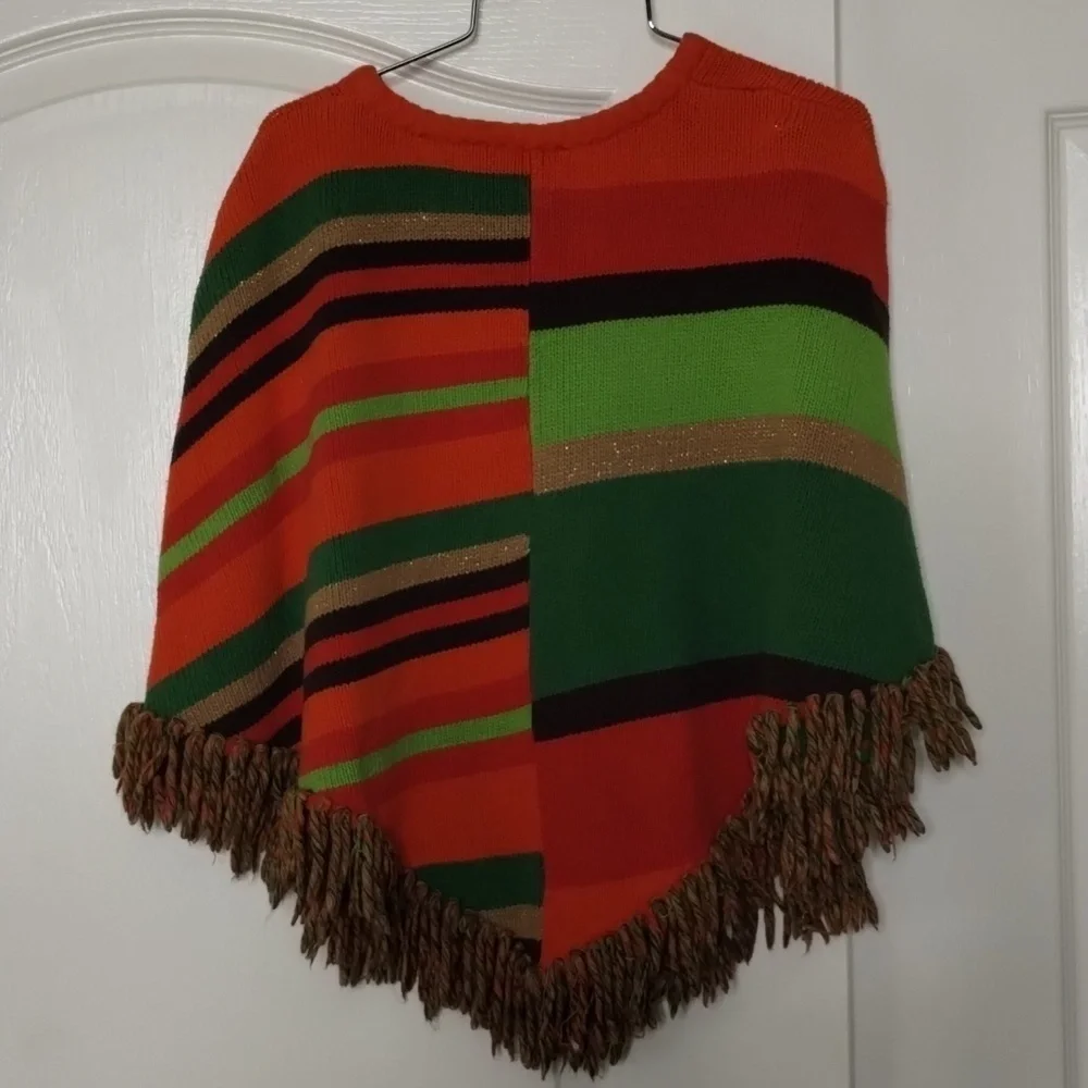 The Childrens Place Girls size 10/12 orange beige green with fringe shawl/poncho